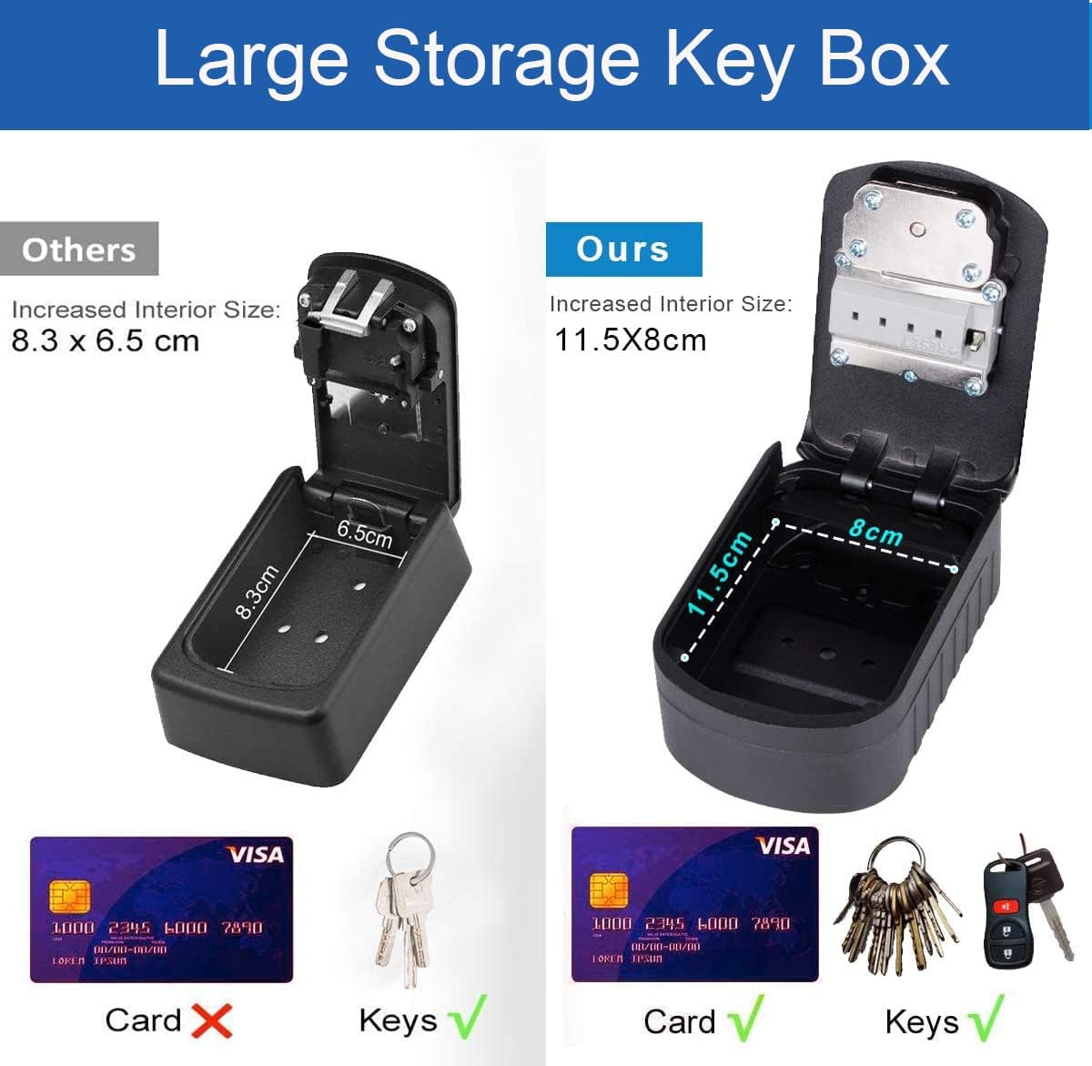 Xeano Extra Large Key Lock Box with 4 Digit Combination and Spare Key Sturdy Key Safe Box Wall Mounted Outdoor Intdoor Weatherproof Key Storage Box for Home Office Garage School Factory (Black)