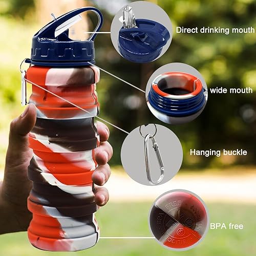 Miniatura 5 de WATMHHJQ Botellas de agua plegables de silicona, 16 onzas, 16.9 fl oz, portátil, plegable, expandible, botella de agua, vasos deportivos, a prueba