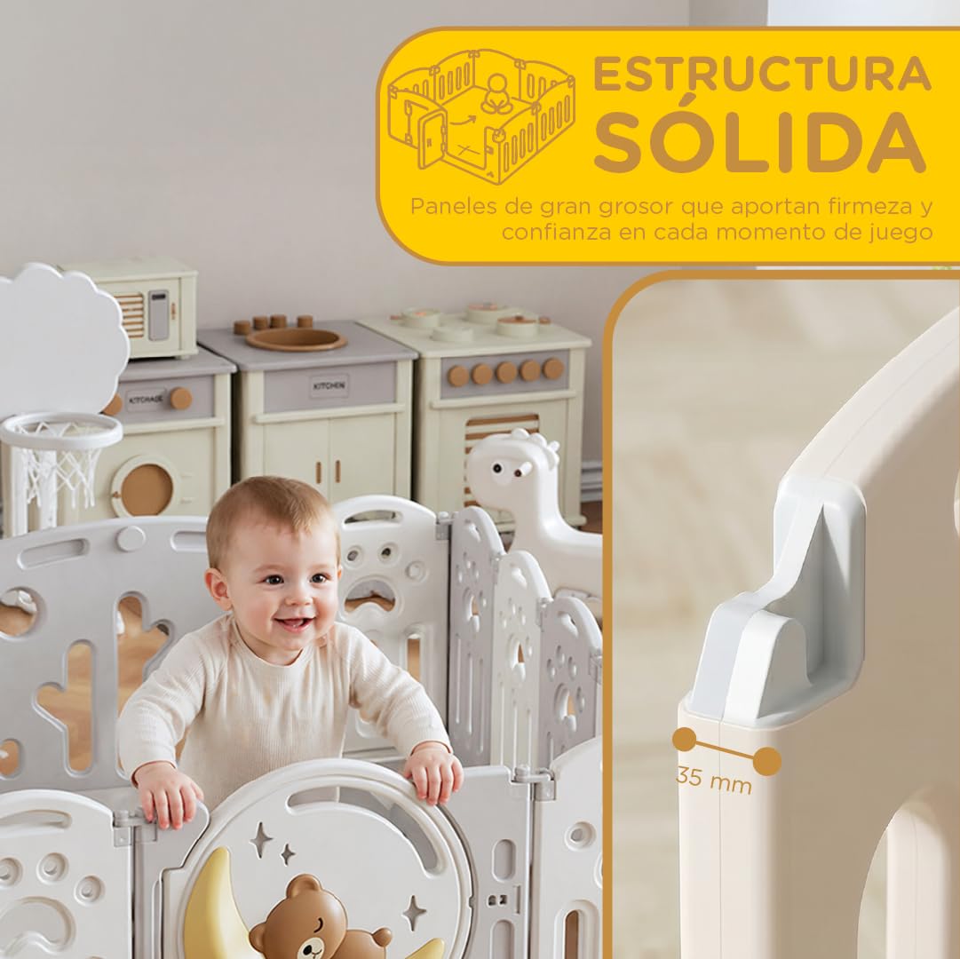 Parque Infantil 180x150cm Corralito para Juegos de Bebe Plegable con Puerta LED y Canasta con 20 Bolas y Paneles de Seguridad HDPE Sin BPA Parque Bebé Interior y Exterior Oso Luna Desarrollo Gateo