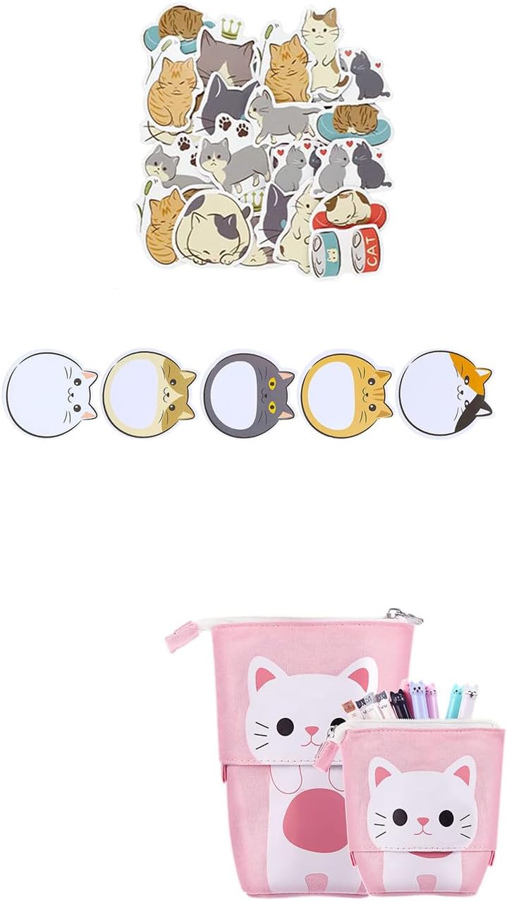 Sweet seven Cute Cat Stationery Set - 66 Pcs Cartoon Kawaii Supplies for Boys and Girls: Sticky Memos, Pencil Pouch, Sticker, and More!（White cat）