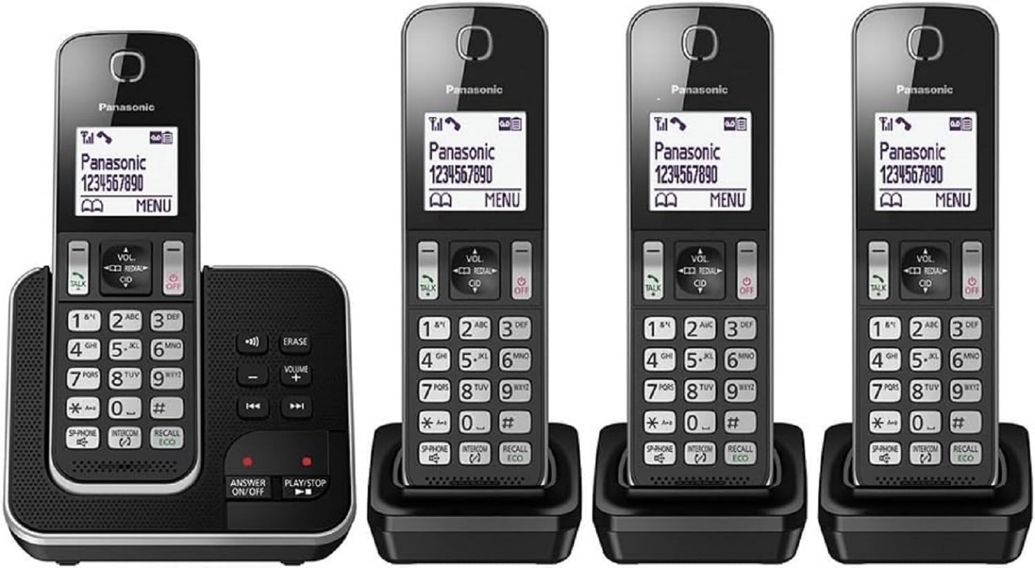 Panasonic KX-TGD324 Cordless Home Phone with Nuisance Call Blocker and Digital Answering Machine - Black & Silver (Pack of 4)
