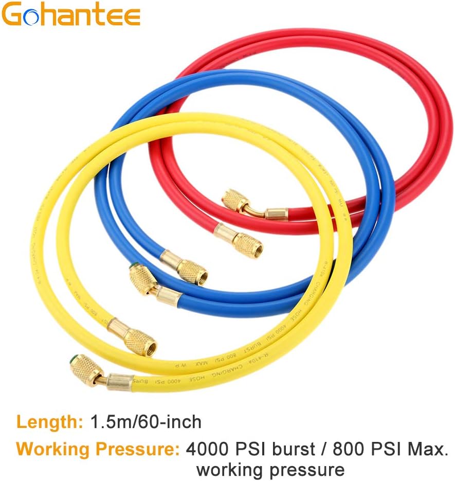R410A AC Charging Hose Set 60‘’ 1/4'' SAE 800 PSI for HVAC Air Condition Refrigerant Hoses R134A R12 R22