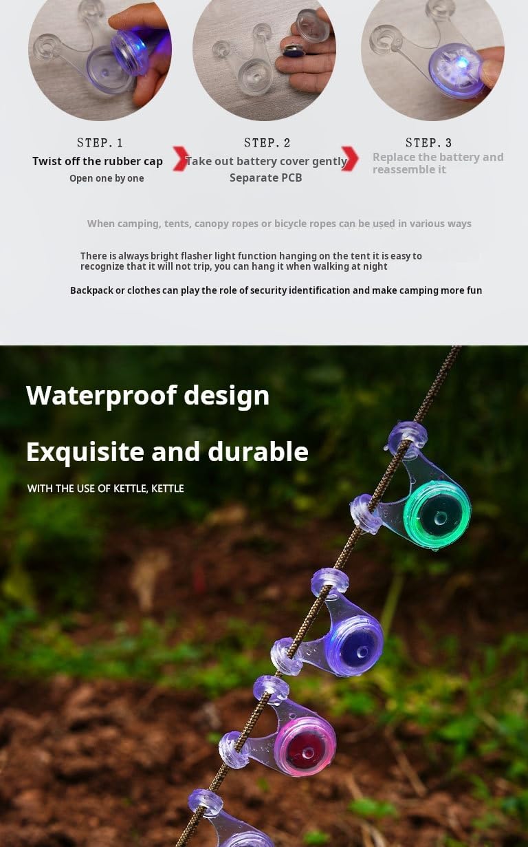 4 Pack LED Tent Rope Lights, Battery Powered Camping Warning Lights with Silicone Hooks, 3 Modes Portable Clip-On Marker Lights for Tent Guylines, Backpack, Bike, Red Green Blue Multicolor