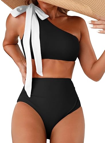 Women's One Bow Shoulder Bikini Sets 2 Piece Ruched Swimsuit