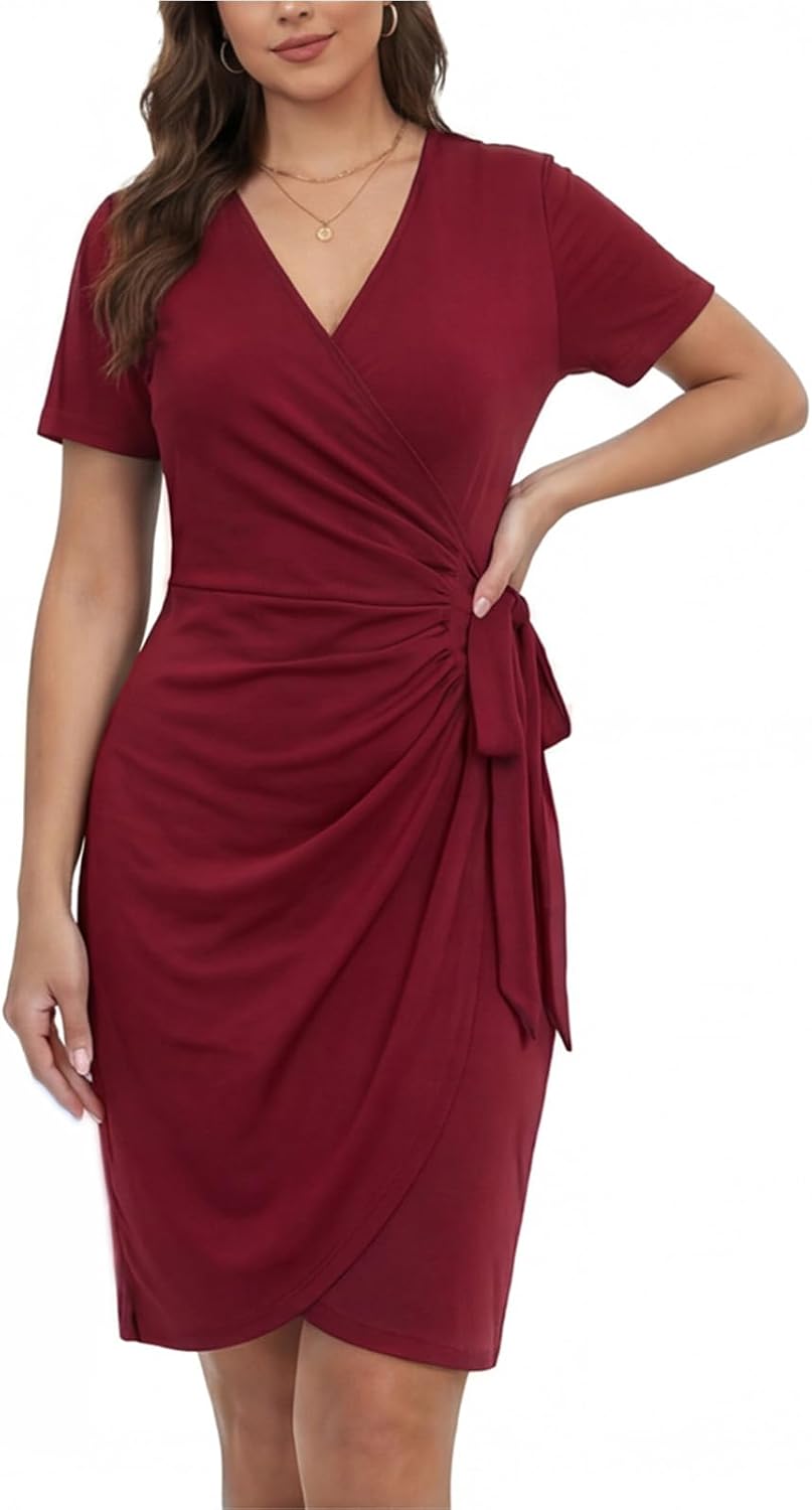 Kervaky Women's Faux Wrap Dress V-Neck - Slimming Tummy Control Ruched Cocktail Party & Work Office Dresses(Short Sleeve)