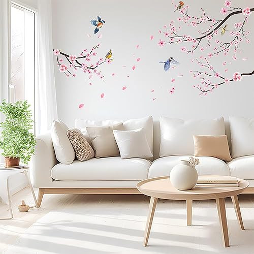 Miniatura 6 de Calcomanías de pared extraíbles de flores de cerezo, ramas de árbol de flores rosas, calcomanías de pared para despegar y pegar pintadas a mano