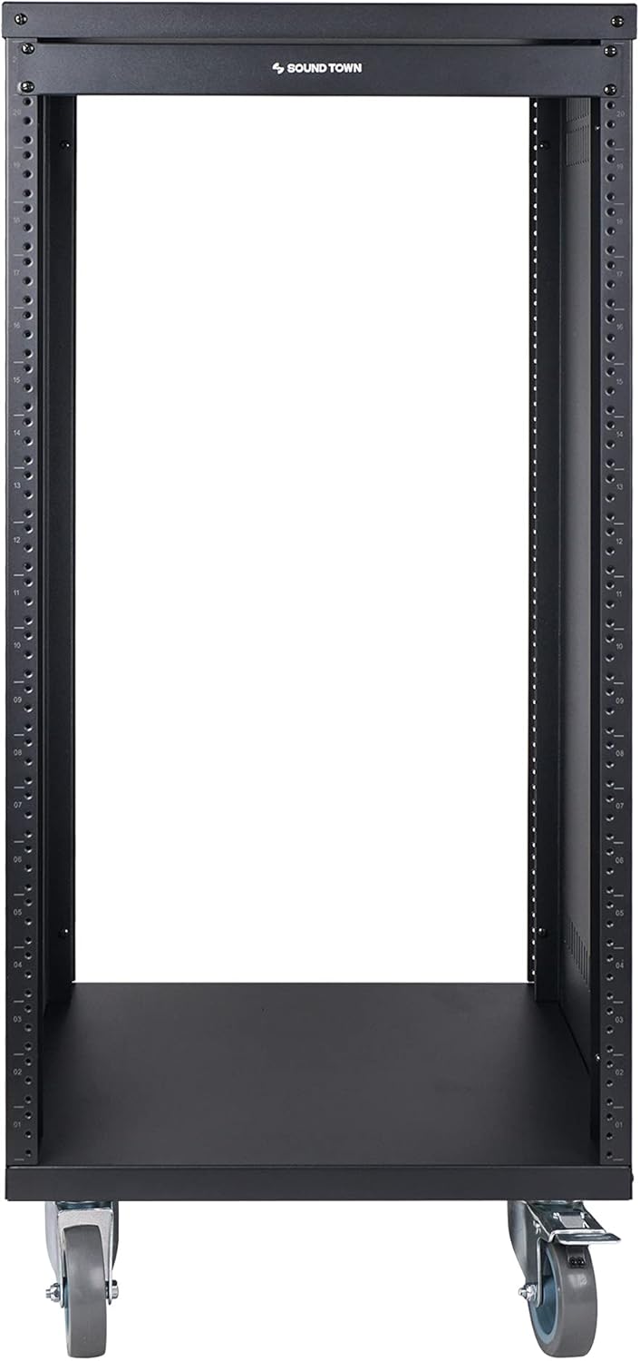 Sound Town 21U Universal Steel Rack, w/Mesh Doors, Locking Casters, Vented Side Panels for Audio Video, Server and Network Equipment (STRK-M21UWD)