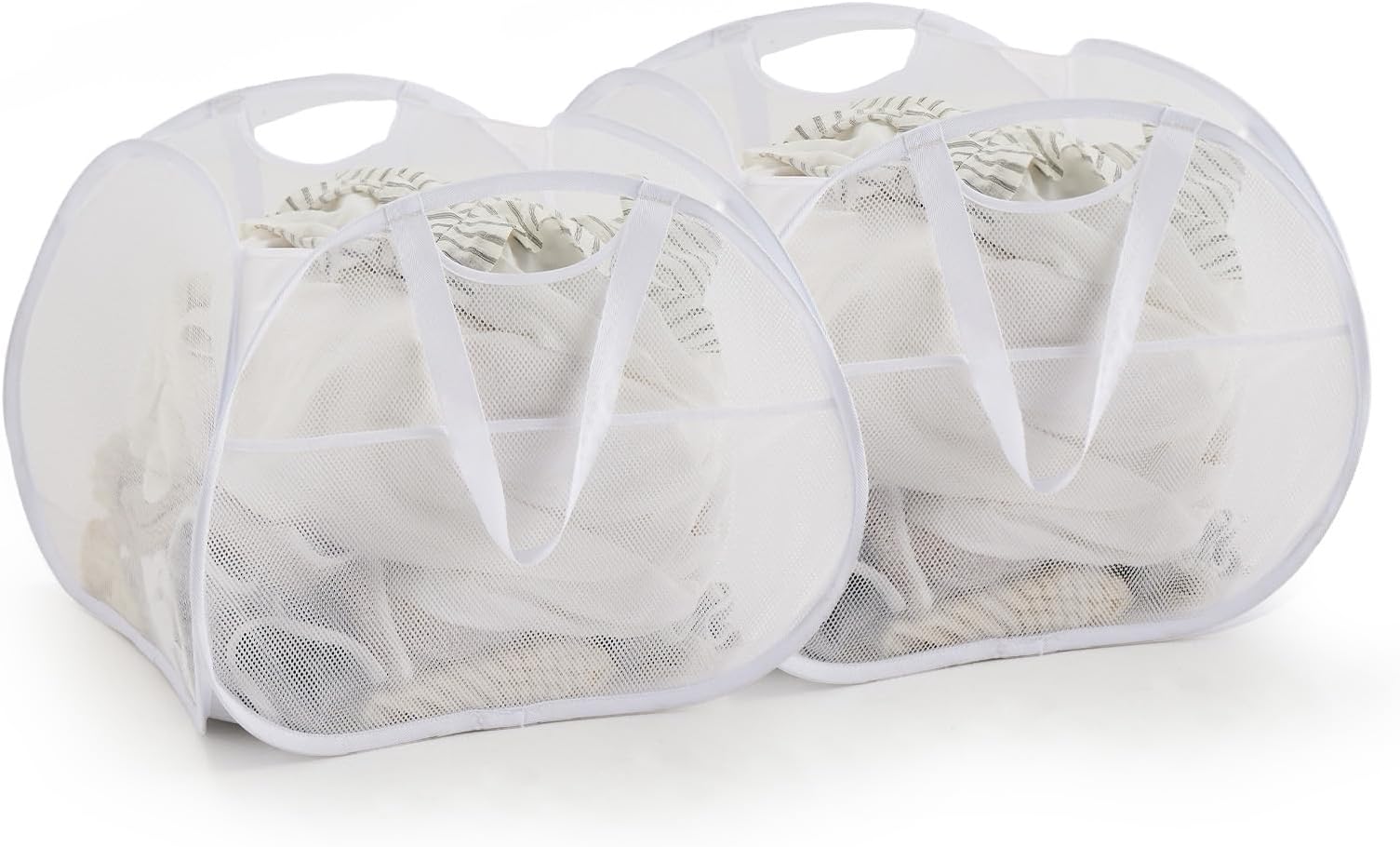 TECHMILLYCollapsible Mesh Pop Up Laundry Hamper with Strong Handles, Large Opening Clothes Hamper with Side Pockets, Storage Baskets for Dorm, Laundry Room, Bathroom or Travel (White, 90L, 2Pack)