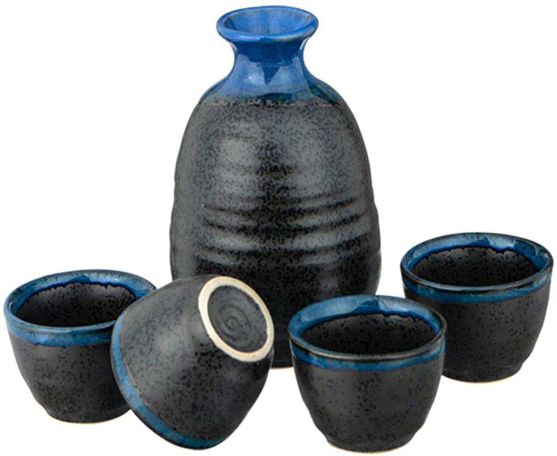 Juego De Sake Japonés De 5 Piezas (1 Botella Y 4 Tazas) En Caja De Cerámica Rosa.