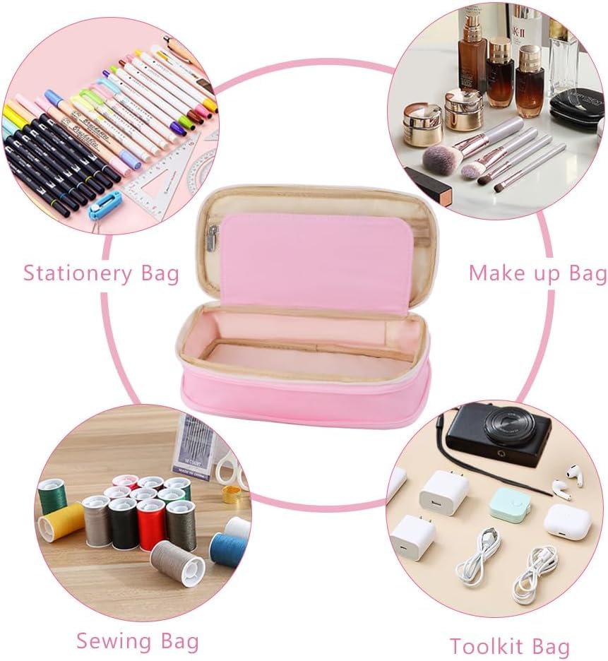 FASTUNBOX (LABEL) Large Capacity Pencil Case – Canvas Expandable 4-Compartment Organizer, Travel Makeup & Stationery Pouch with Zippered Base, Holds 50-60 Pens – Durable Gift Bag (Pink - Beige) 3