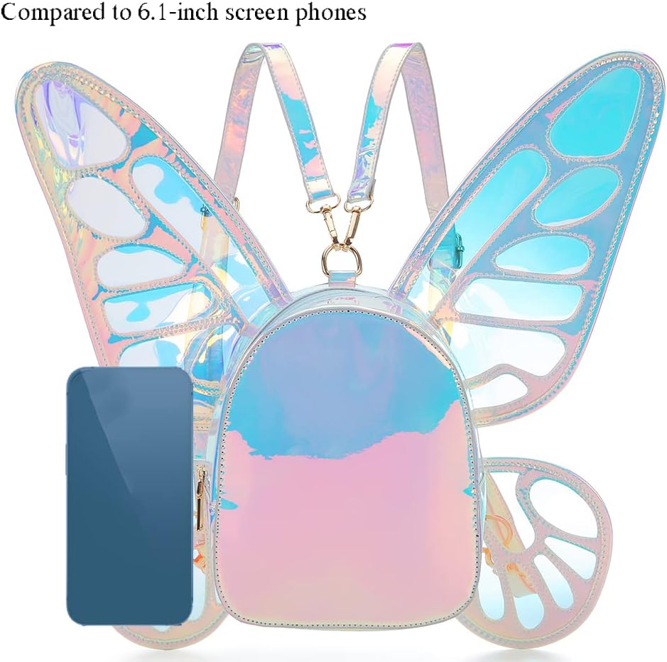 Women's Laser Holographic Backpack Butterfly Angel Wings Casual Daypack Shoulder Bag (Laser Light Blue)
