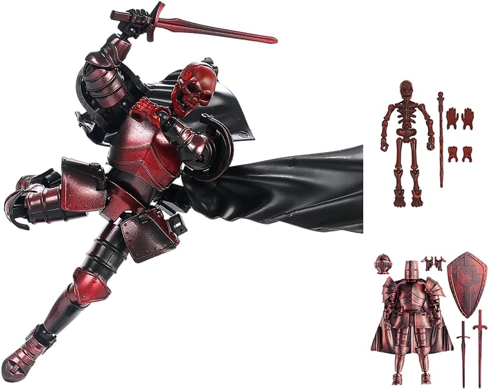 Skeleton Knight Model Kit, Medieval Fantasy Action Figure with Interchangeable Armor, Sword and Shield, Poseable DIY Assembly Figure for Adults (Red)