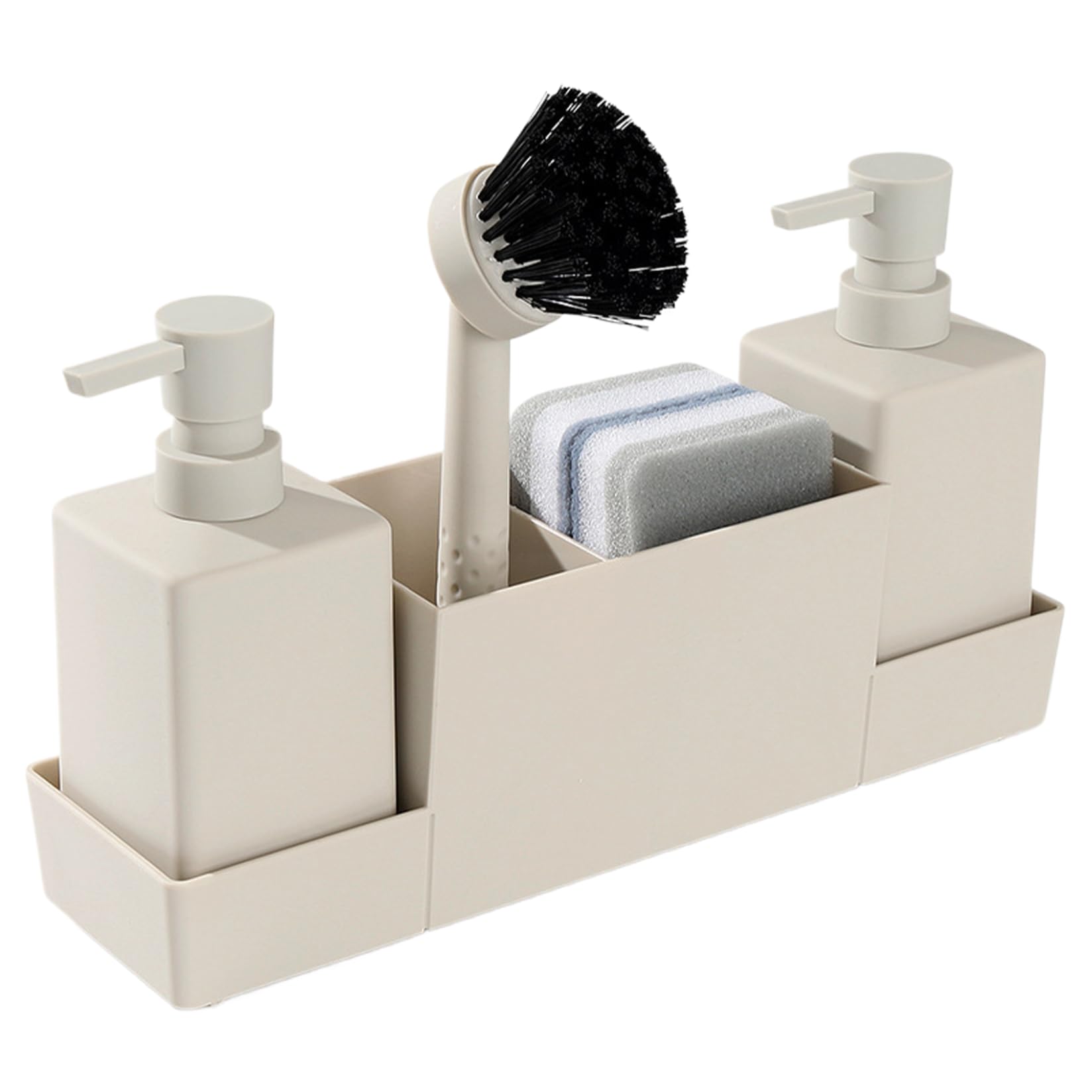 Dispensateur de Savon de Cuisine régler 5pcs / régler Le Distributeur de Savon à Vaisselle en Plastique avec Support d'éponge, éponge et Brosse Accessoires de Cuisine Beige drainant..