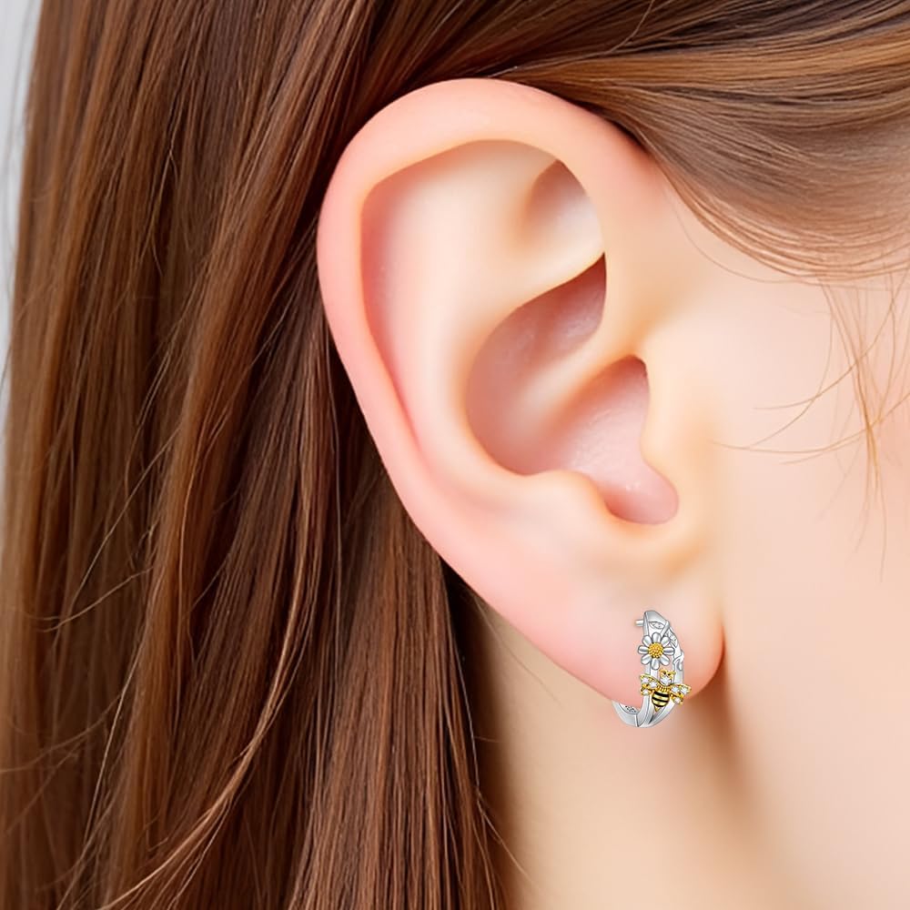 Bee Earrings for Women Sterling Silver Daisy Hoop Earrings Cute Animal Bumble Bee Jewelry Mother’s Day Jewelry Gifts for Women Lovers - Image 4