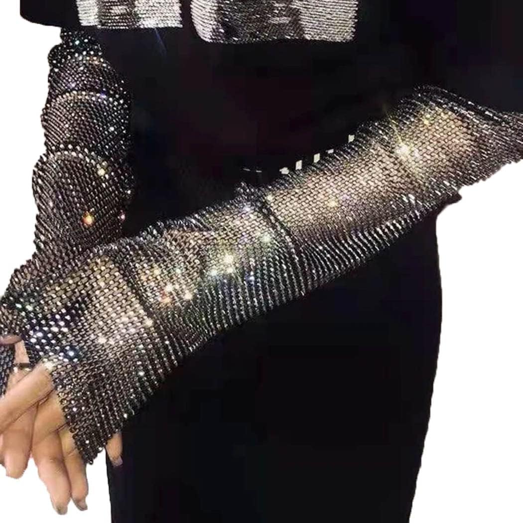 Yikisdy Guantes sin dedos de diamantes de imitación guantes de red elásticos guantes de codo guantes de fiesta Rave brillantes para mujeres y niñas