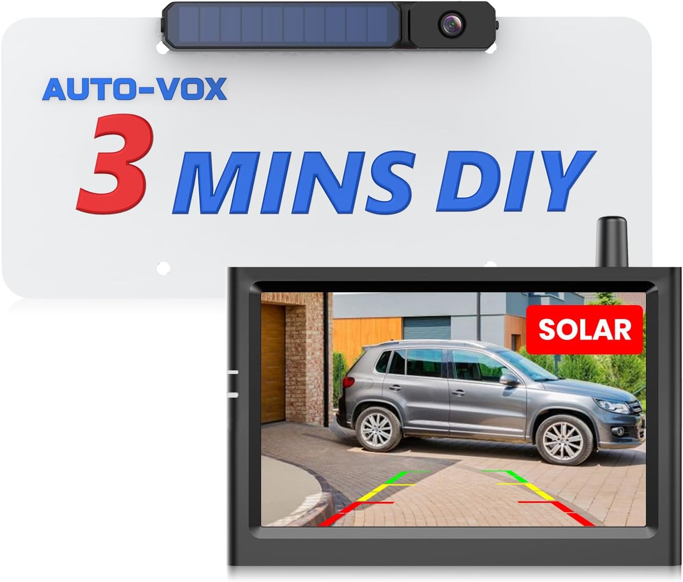 AUTO-VOX Solar Wireless Rear Backup Camera with 5'' Car Monitor, 3Mins DIY Install, Battery Powered & Stable Signal Back Up Camera Systems, IP69K Waterproof Reverse Camera for Van/SUV/Truck