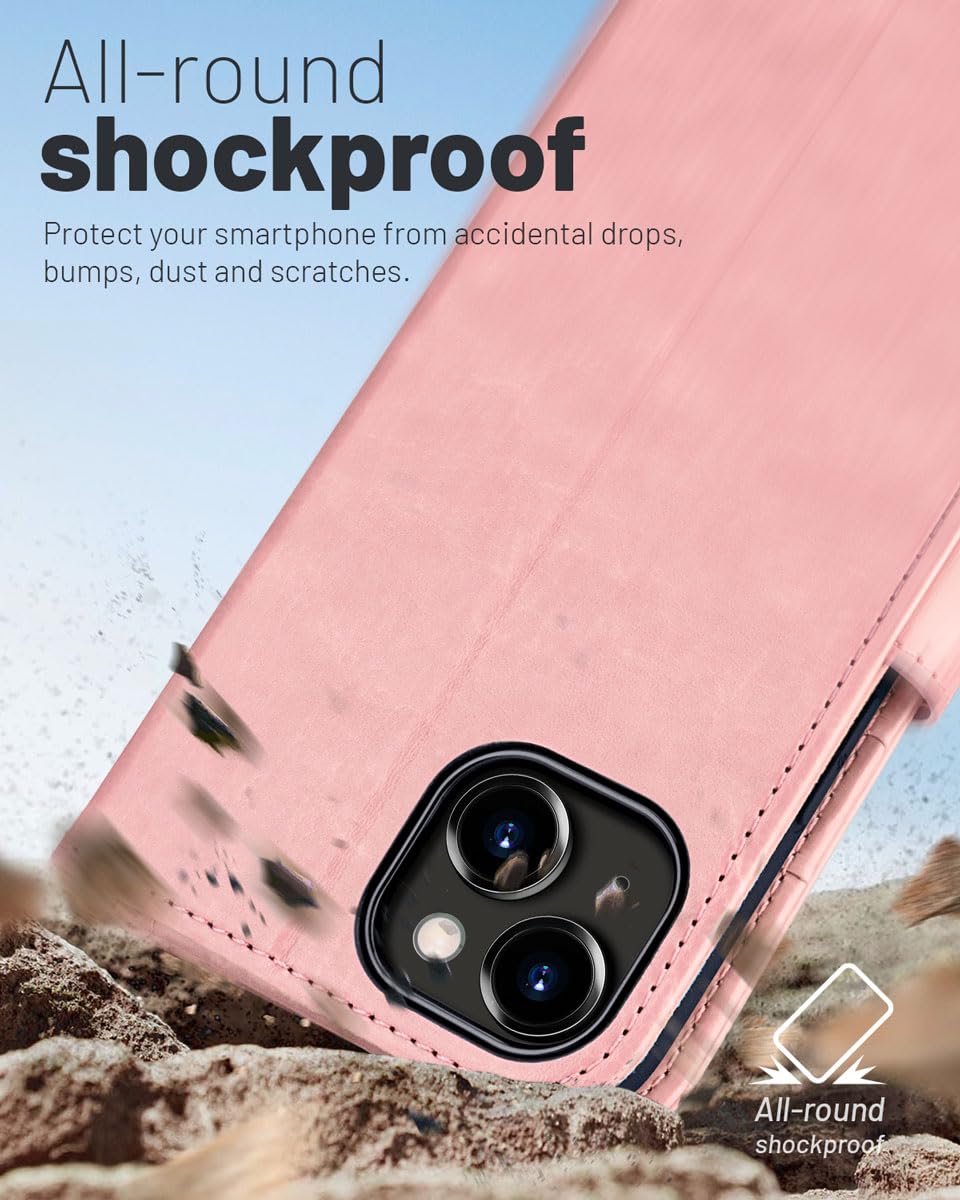 OCASE Custodia iPhone 15 Plus, Cover iPhone 15 Plus Interno TPU Antiurto Portafoglio [RFID Blocking] [Carta Fessura] [Supporto Stand] Custodie in Pelle per iPhone 15 Plus (6,7 Pollici) - Rosa