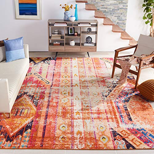 Safavieh Monaco Collection MNC222H Boho Chic Tribal Distressed Area Rug, 5' x 5' Square, Orange / Multi