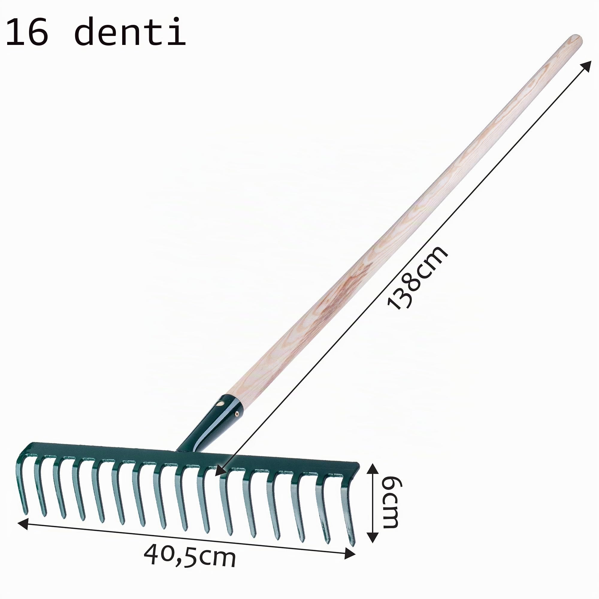 Rechen realizzato in metallo,rastrello piatto con gambo in legno, scope a foglia per giardino, letto, ginocchia, rastrello da prato, verde, unità da giardino, eurechen, utensile da giardino (16 denti)
