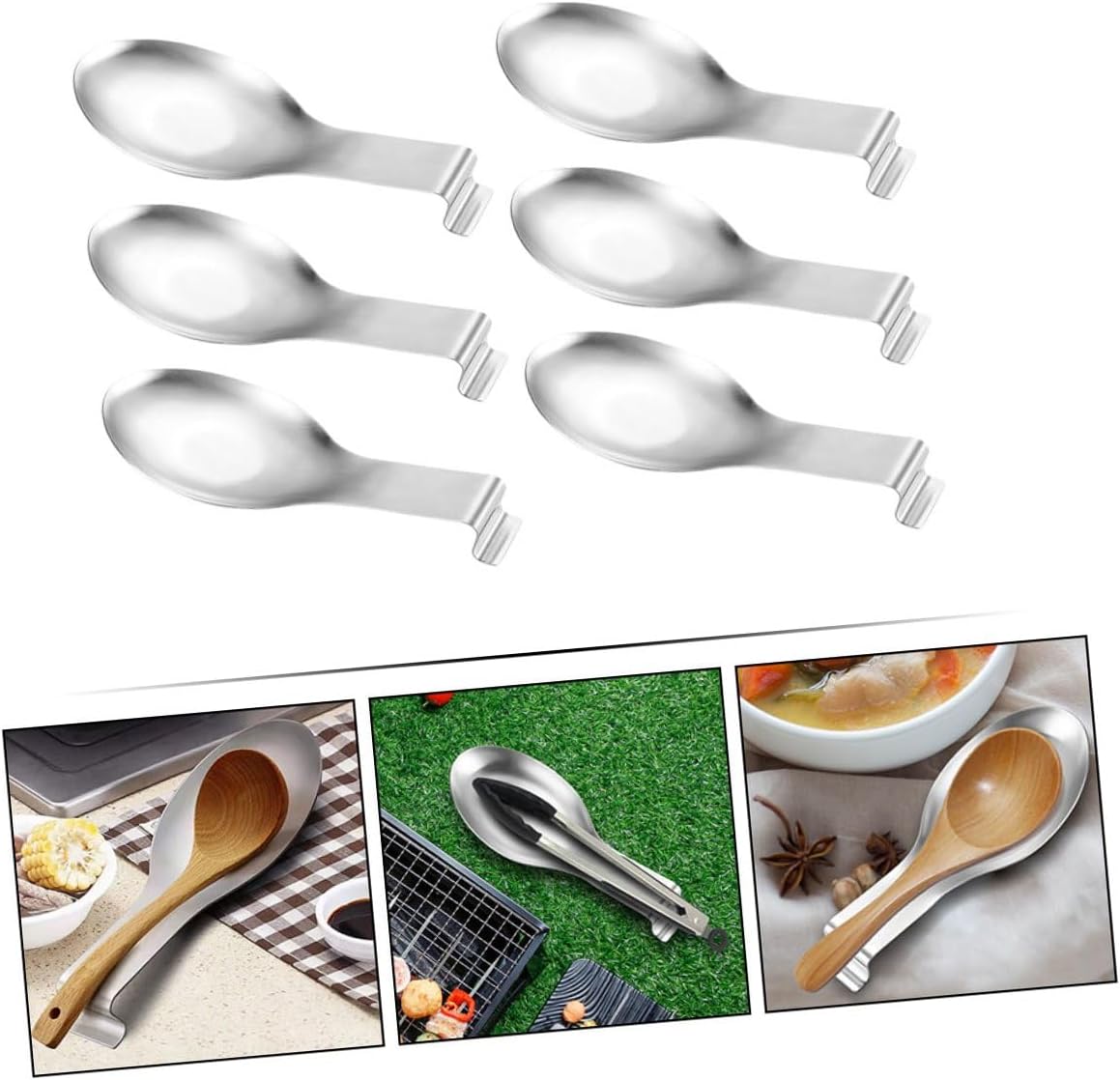 6Pcs Stainless Steel Spoon Rest Heat Resistant Utensil Holder for Kitchen Countertop Stable Non-deformable Ladle Spatula Holder Prevents Mess and Rolling