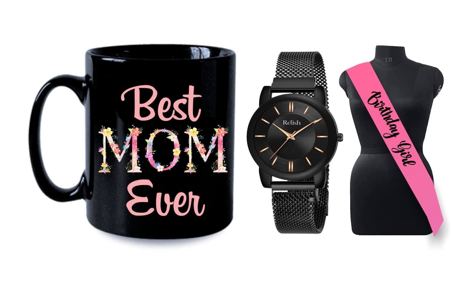 Relish Gift for Mom | Black Magnetic Mesh Strap Watch & Best Mom Ever Printed Coffee Mug & Birthday Girl Sash | Gift Pack for Mummy (B0C55KVLPH) Amazon Price History, Amazon Price Tracker