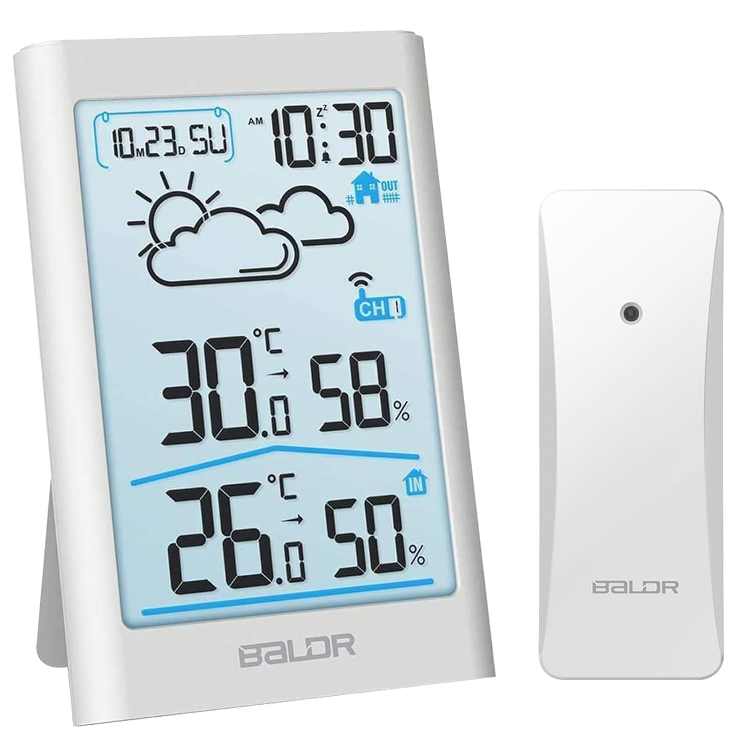 BALDR Estación meteorológica con sensor exterior, termómetro digital, higrómetro, termómetro para interiores y exteriores, hidrómetro, humidity with Weather Forecast, reloj de alarma