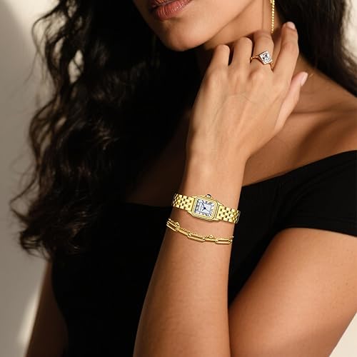 Miniatura 7 de Relojes pequeños de oro para mujer con funda rectangular vintage, esfera romana clásica, banda de acero inoxidable resistente al agua con cadena de