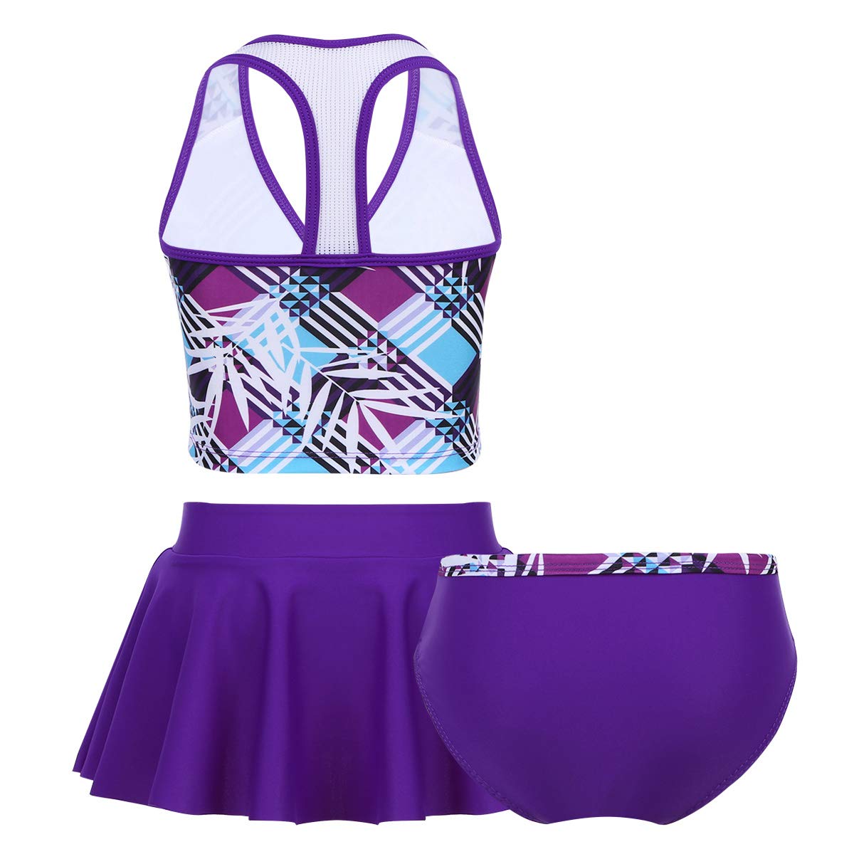 TTAO Purple 3PCS Kids Girl Digital Printed Tankini Set Swimsuit Beachwear Bathing Suit Crop Top with Briefs Skirt Outfit Purple 5-6