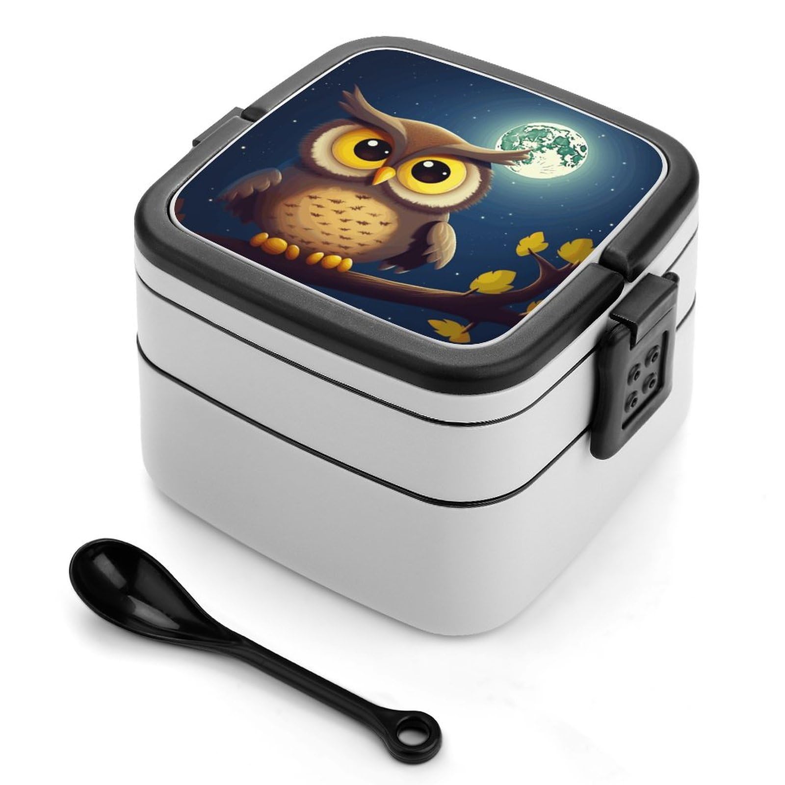 JTREHY Reusable Leakproof Bento Box,Owl And Yellow Moon Printed 2 Layer Stackable Lunch Box with Spoon Portable Large Lunch Box for Dining Out, Work, Picnic, Travel