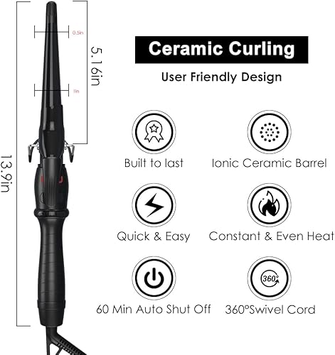 Miniatura 6 de Rizador de cabello cónico de 1-12 pulgadas con revestimiento de cerámica, pinza rizadora de barril de 0.748in  0.984in, varita rizadora de cabello
