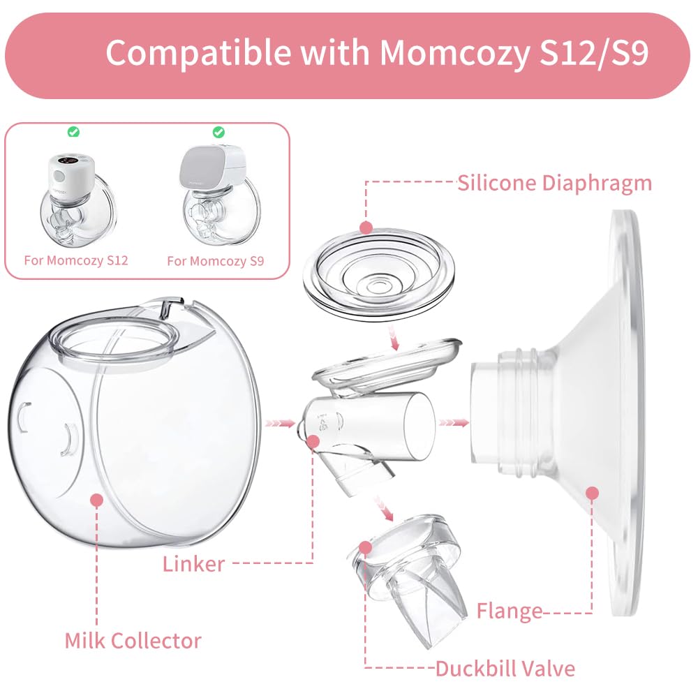 Momlacto Wearable Breast Pump Milk Collector Cup,Compatible with TSRETE/Momcozy S12/S10/S9 Breast Pump,Include Duckbill Valve/Diaphragm/Flange/Milk Collector/Linker/Sealing Cover