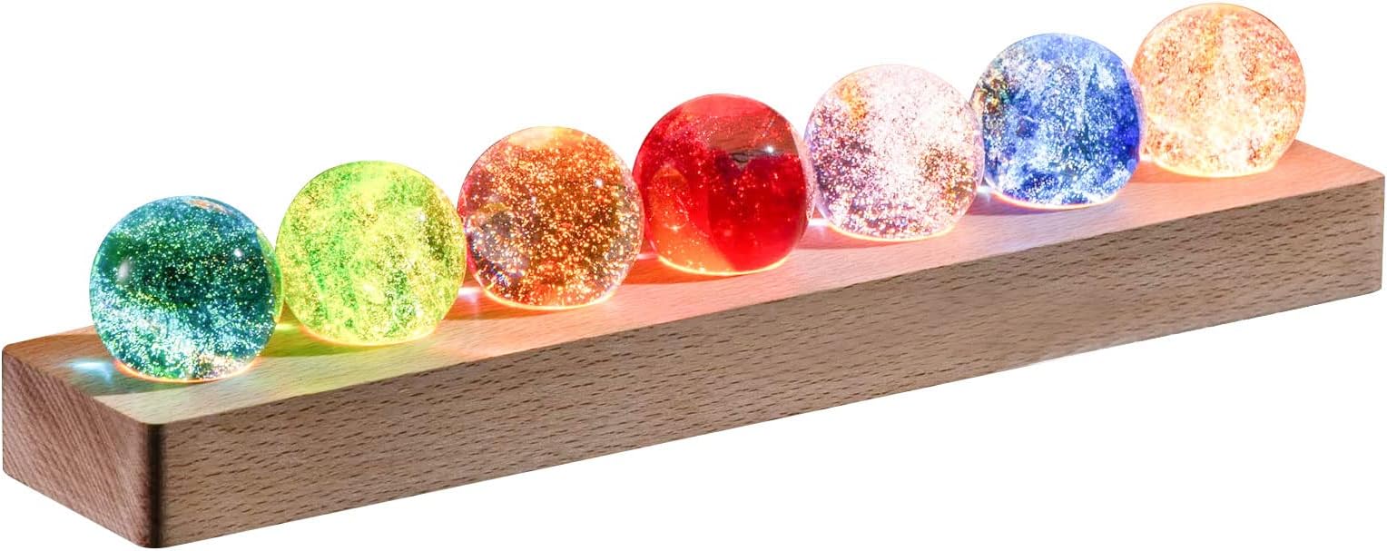 JOJOCY 7 Colorful Glass Crystal Ball with LED Light Wooden Stand, Natural Crystal Quartz Healing Spheres Night Light Decoration (Wired Stand + 7 Ball)
