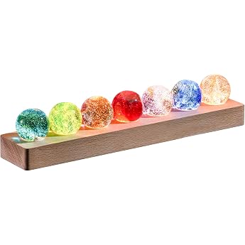JOJOCY 7 Colorful Glass Crystal Balls with LED Light Wooden Stand Natural Crystal Quartz Health Globes Night Light Decoration [Energy Class G]