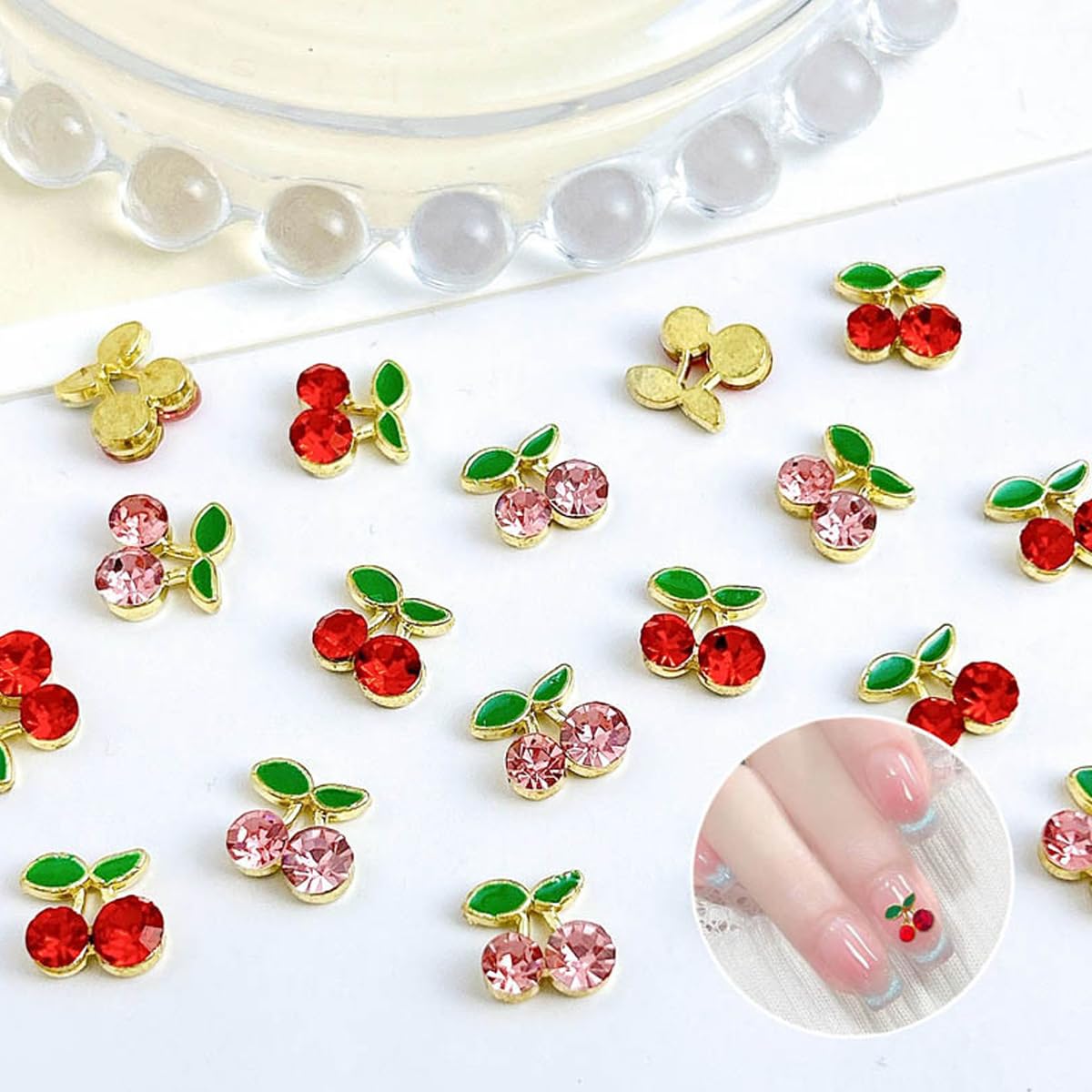 COOSLIM 45 ciondoli per unghie a forma di ciliegia, con strass rossi e rosa, gemme per nail art, stelle, cuore, pianeta, perle, decorazioni per unghie, a forma di Saturno, accessori per unghie in