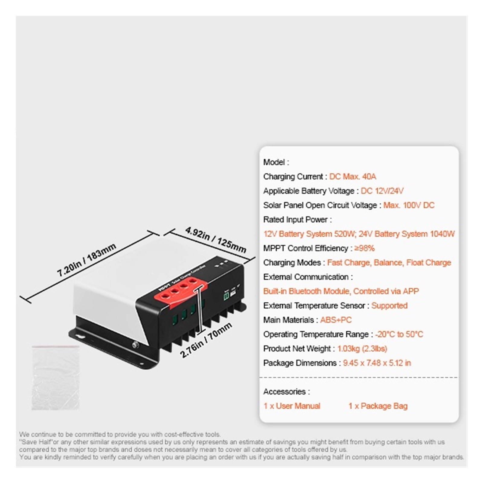30A/40A/50A MPPT Solar Charge Controller 12V/24V Auto DC Input Moduł Bluetooth Do Ładowania Akumulatorów Litowych (AGM)(40A)