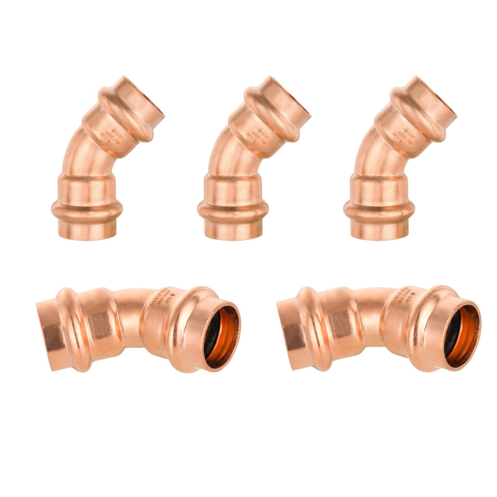 Paquete de 5 Codos de presión de Cobre GUOFIS, 3/4" x 3/4", Accesorios de Codo de 45° para conexión de Tubos de Cobre con Tope (PRESS007-5Pack)