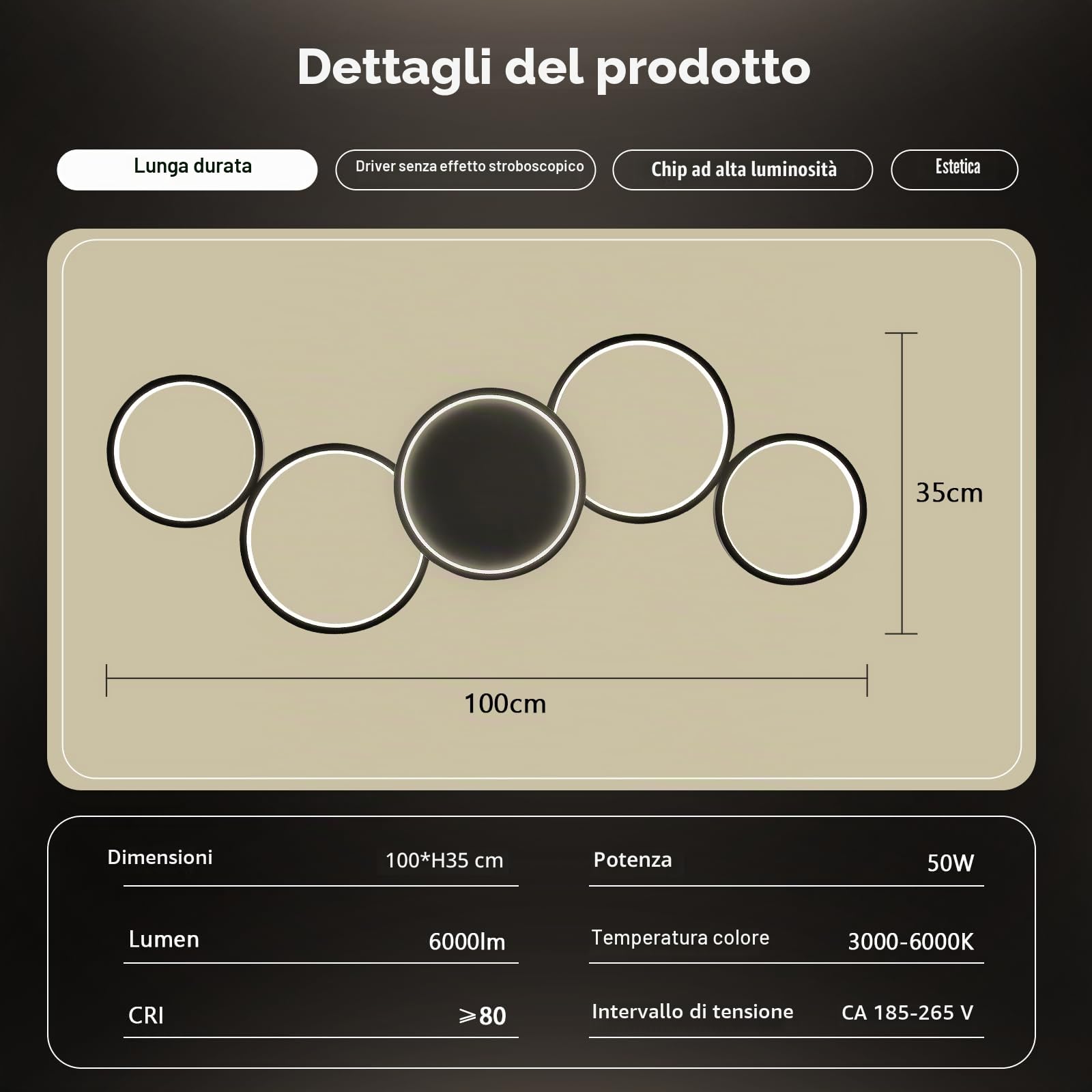 Sky angle Plafoniera LED con App Alexa e Google Home, Luminaria rotonda e dimmerabile - 50W 6000LM regolazione da 3000K a 6000K per soggiorno e camera da letto - 100 cm