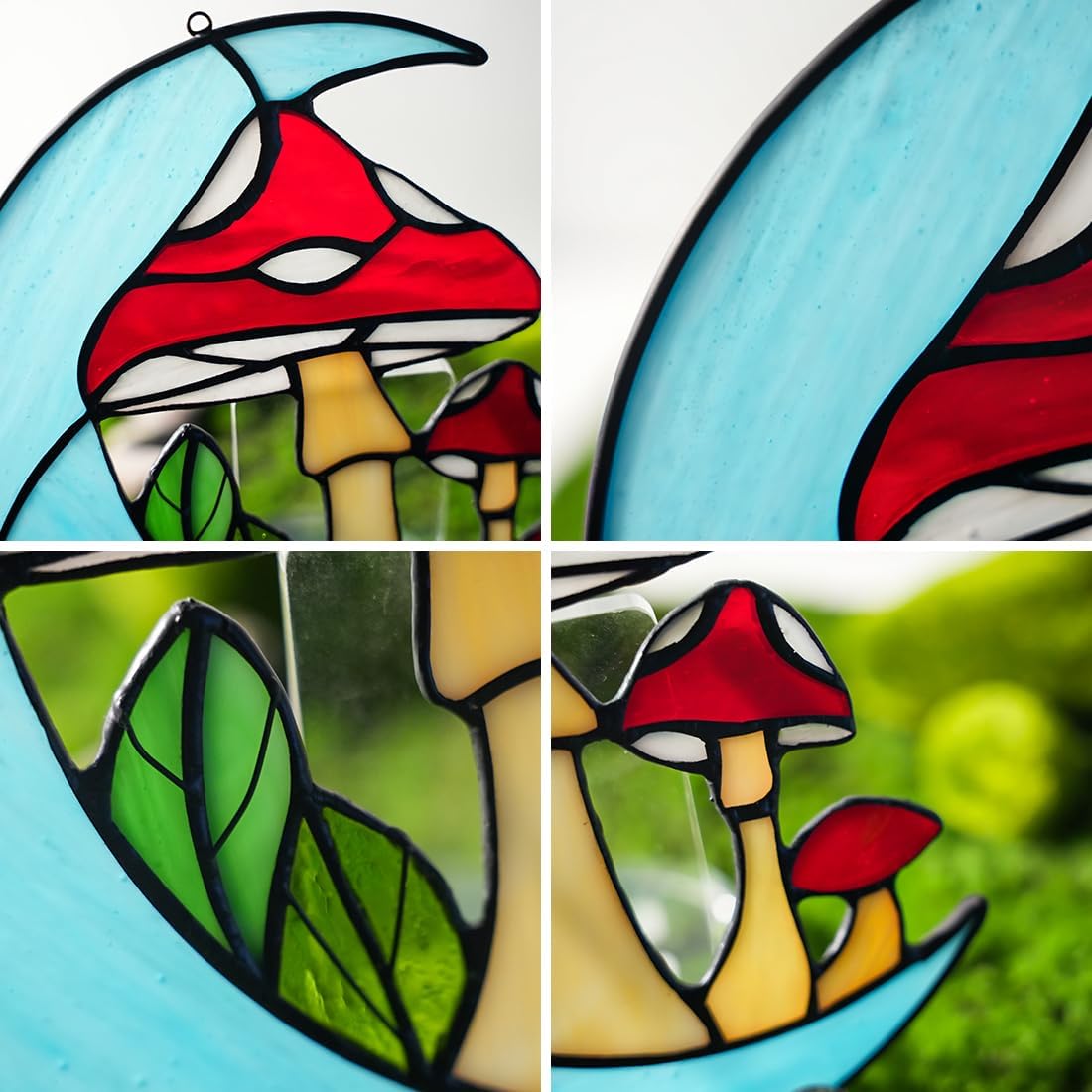 BOXCASA Mushroom Gifts Stained Glass Suncatcher for Window,Mushroom on Blue Moon Gifts for Women Mom Natural Plant Lover, Stained Glass Mushroom Decor for Sun Catcher Indoor Window