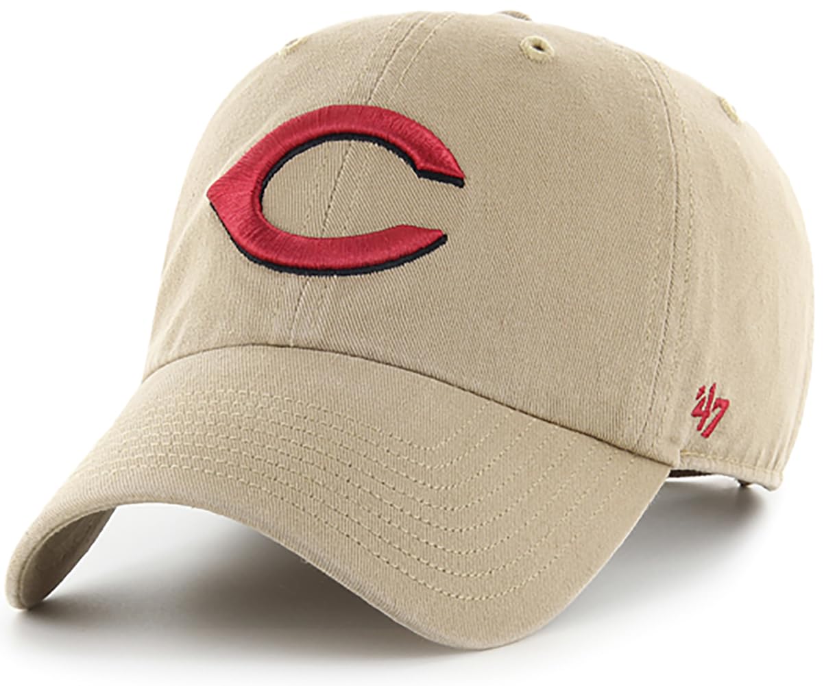 47 Brand MLB Khaki Primary Logo Clean Up Adjustable Strap Baseball Dad Hat Cap, Adult One Size Fits All, Cincinnati Reds, One Size