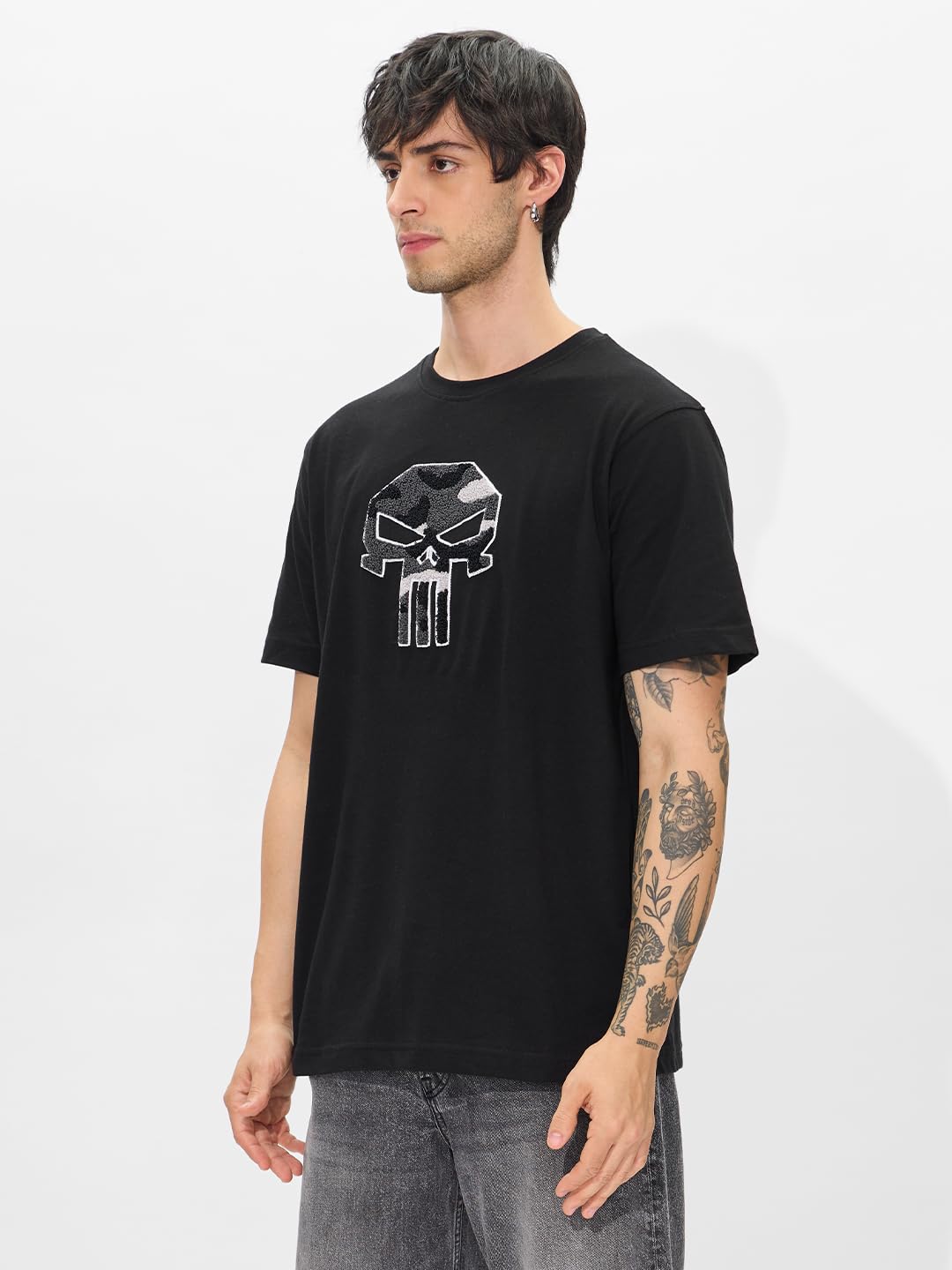 The Souled Store Punisher oficial: It's Time Hombres y Niños Manga Corta Cuello Redondo Negro Bordado Algodón Regular Fit Camisetas