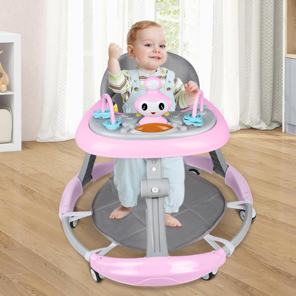 Girarrosto pieghevole per bambini, altezza regolabile, girello per neonati con musica, giocattolo per bambini, carico massimo 20 kg (rosa-67 x 67 x 79 cm)