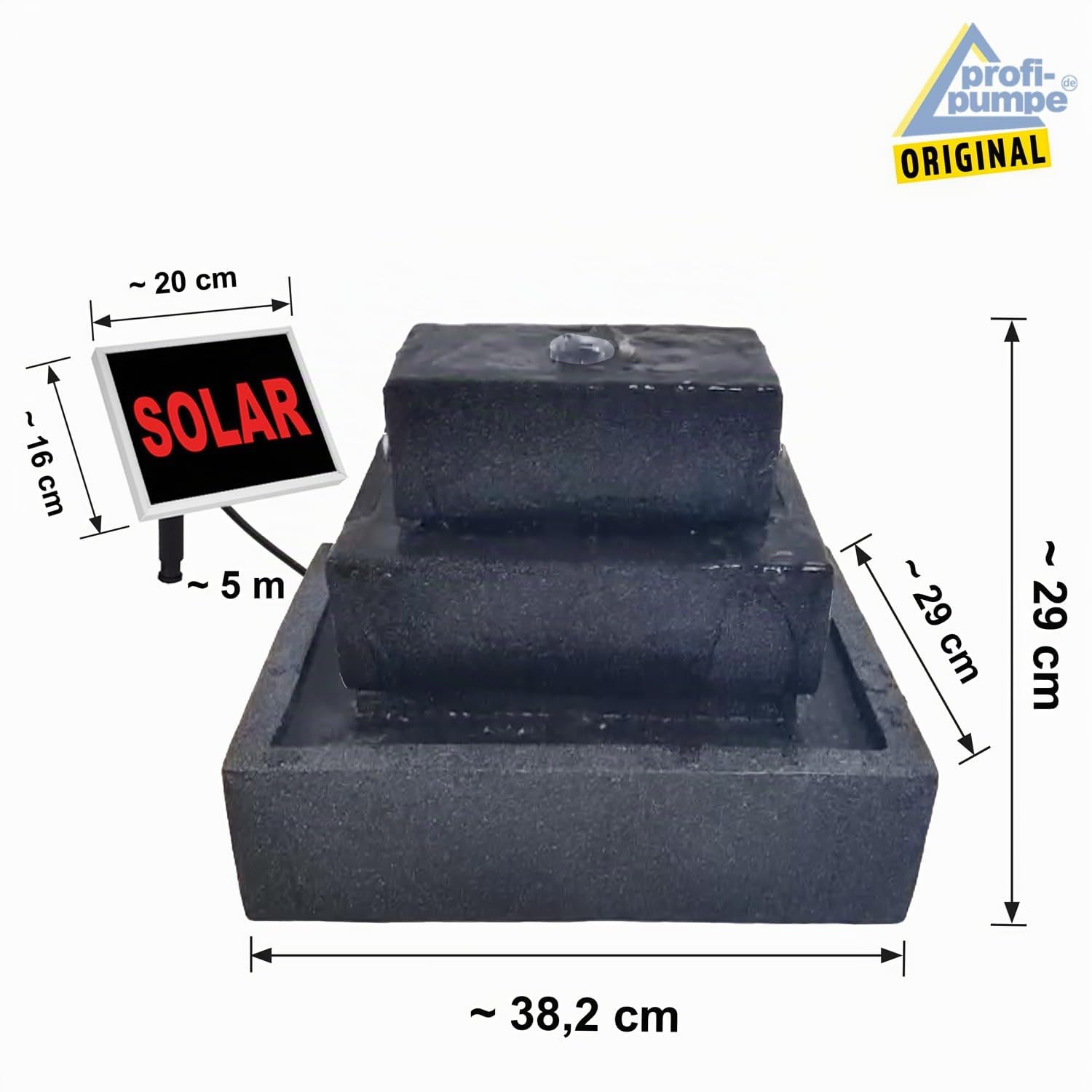 Profi-Pumpe® Fuente Solar Basalt-Cascada para Jardín y Terraza | Cascada Moderna de 3 Niveles con Batería de Litio y Luces LED | Funcionamiento Día y Noche | Kit Completo Ecológico | Panel 3W
