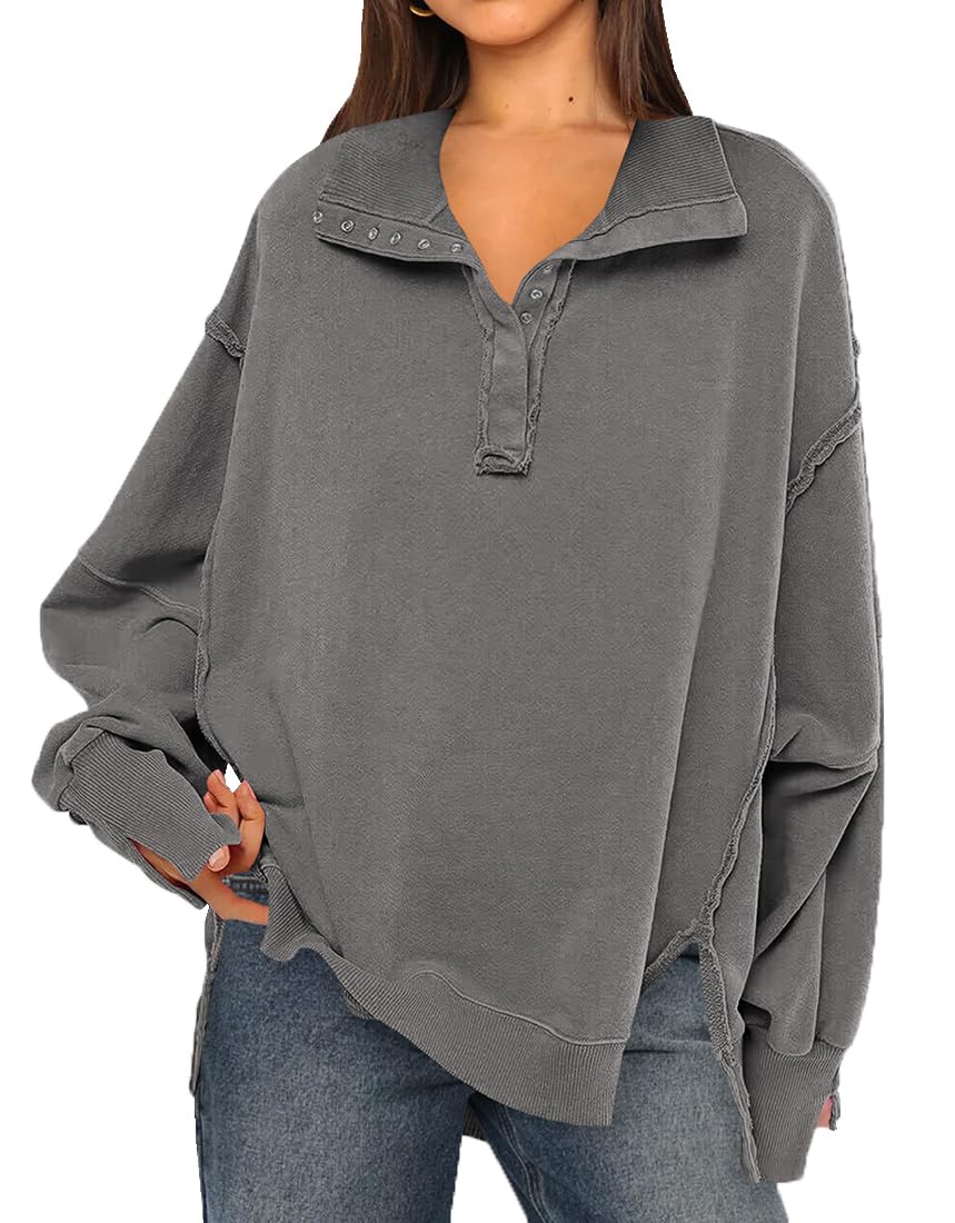 Sweatshirt Femme Sweat Patchwork Grand Col V avec Boutons Pull Vintage Grande Taille Sweat Femme sans Capuche Col Roulé Manches Longues Sweat Oversize Femme Casual Sportwear