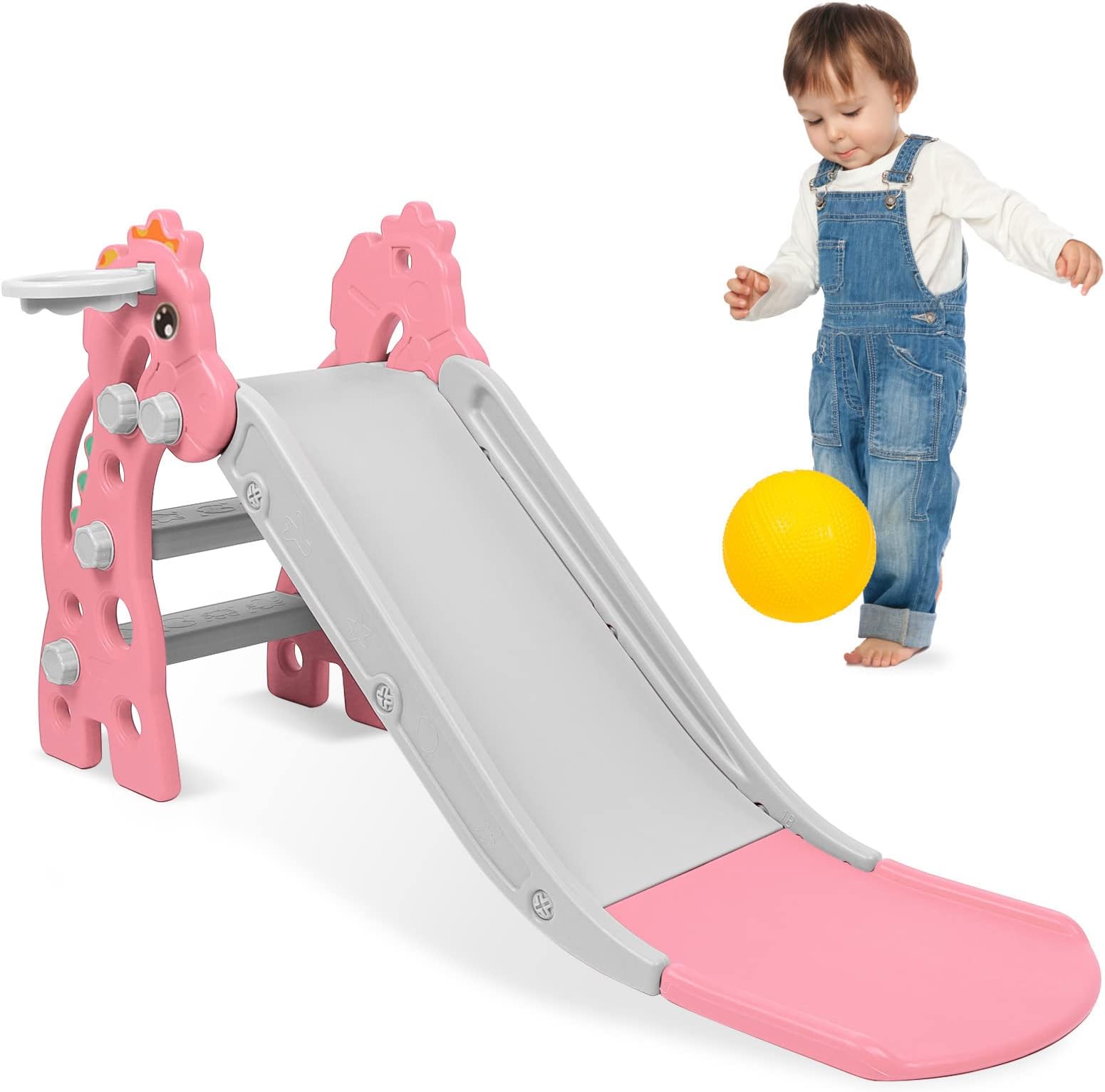 Kids Slide for Baby Toddlers Age 1-3, Toddler Slides Outdoor & Indoor for Kids with Basketball Hoop, Plastic Freestanding Slide Climber Playset Outdoor for Boys Girls (Pink)