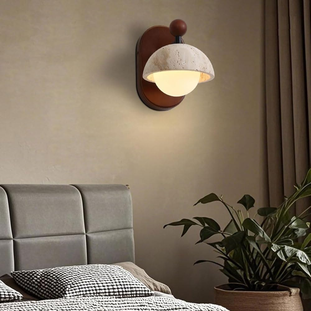 Applique da Parete con Paralume sferico in Vetro, Stile Industriale, in travertino Giallo, con Base in Legno e Pietra Naturale, Ideale per Decorare ristoranti, soggiorni e camere da Letto.