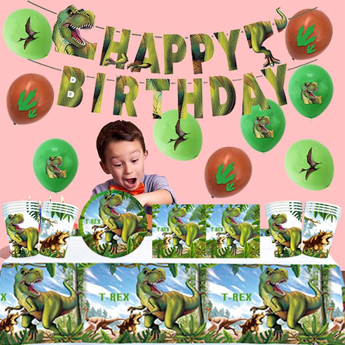 Decorazione Compleanno Dinosauri: 18 Palloncini + 10 Piatti + 10 Tazze + 10 Tovaglioli + 1 Tovaglia + 1 Festone, Kit Compleanno Dinosauri, Verde, Unisex Adulti