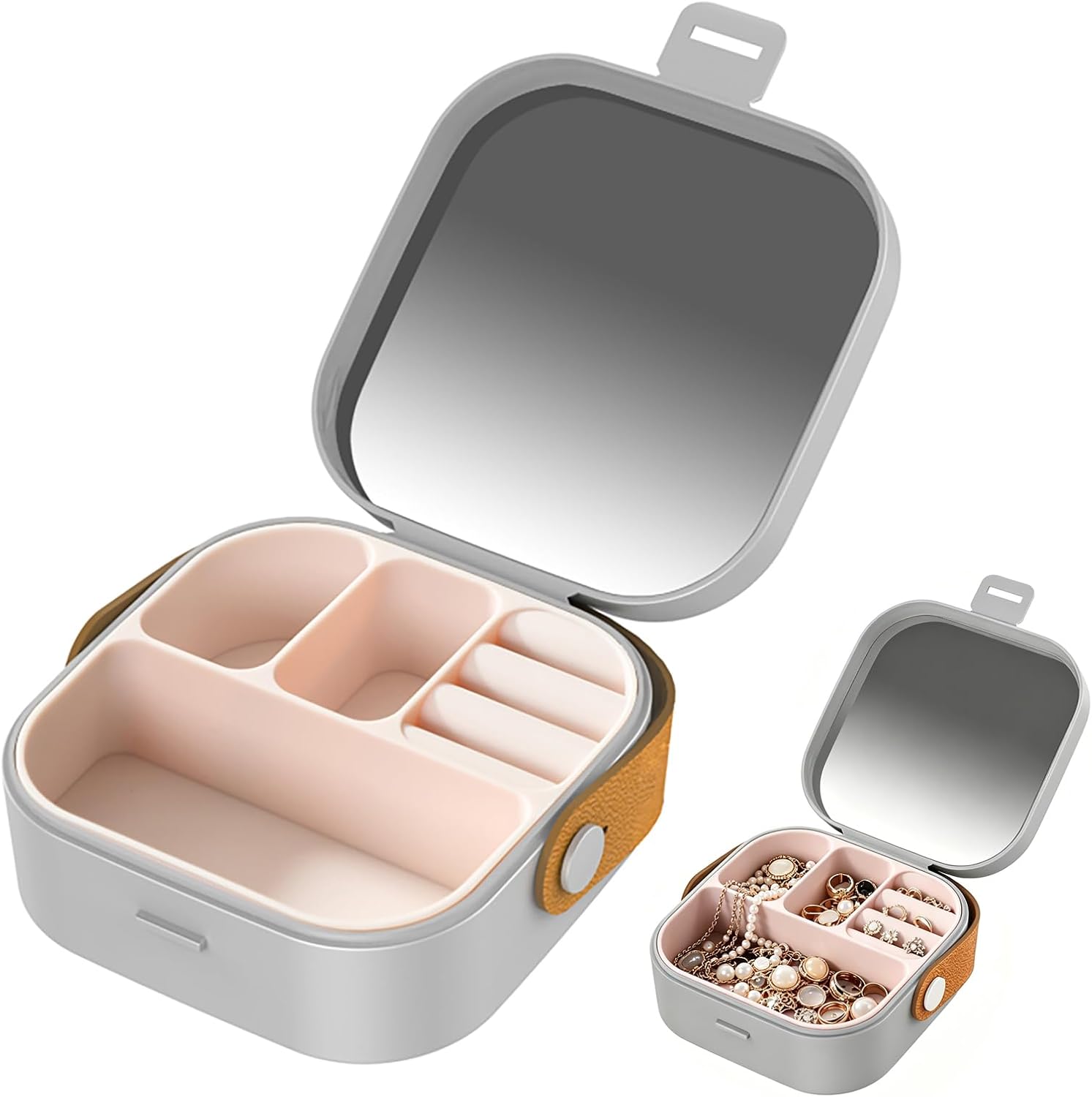 Mini Box Portable Travel Jewelry Box with Mirror, Multifunctional Storage Case for Earrings, Necklaces, Rings and Other Small Items (Gray)