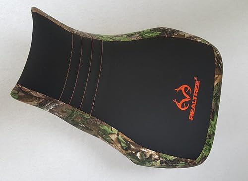 Yamaha Kodiak 400/450 - Funda de asiento de 2000 en adelante, color negro, logotipo y puntada Realtree Xtra Green Orange