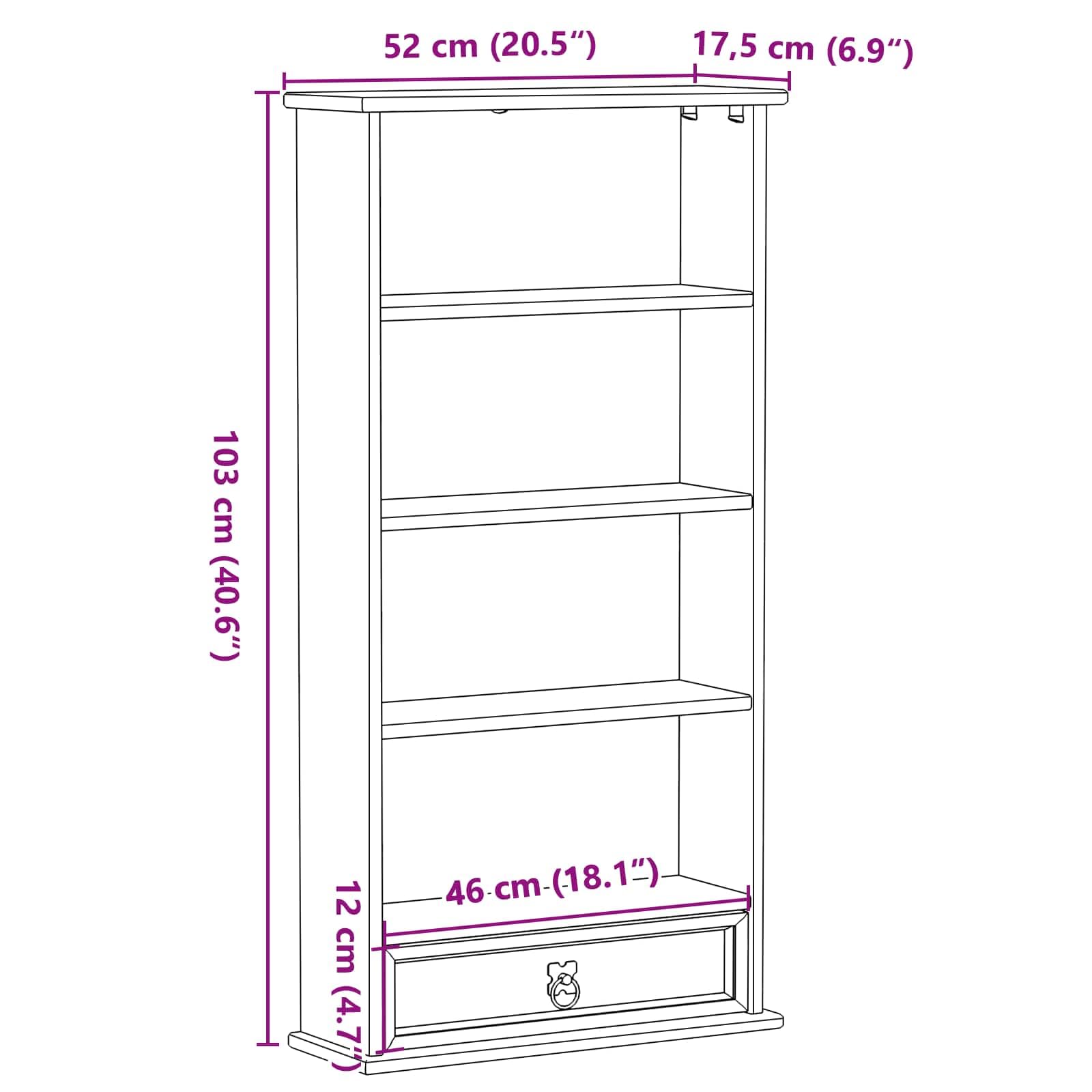 Scaffale per CD, bianco, 52 x 17,5 x 103 cm, in legno di pino massiccio, con 5 scomparti e 1 cassetto, armadietto rustico per CD per soggiorno e home office, sottile