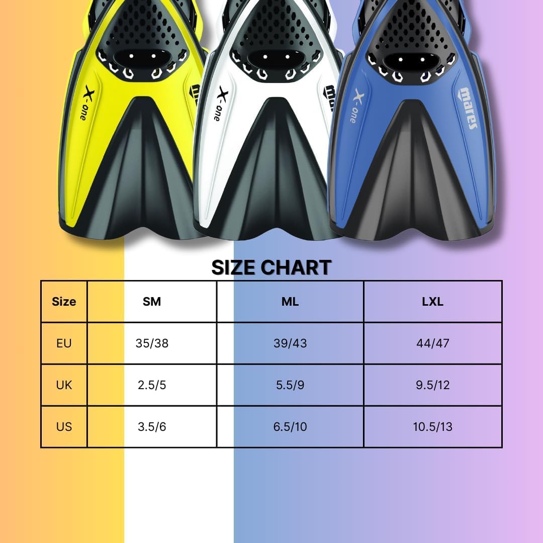 Mares X-One - Pinne snorkeling corte e leggere, scarpetta aperta forata, tecnologia Channel Thrust, ideali per viaggi e immersioni tropicali